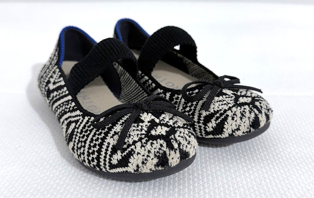 Rothy's Mary Jane Ballet Flats Girls 9 Black White Geometric Elastic Closure Bow